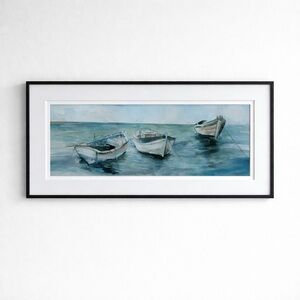 Watercolor Coastal Rowboats Framed Wall Art Picture - Blue and White